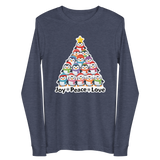 A gray long-sleeved t-shirt with a graphic design depicting a Christmas tree made up of various cartoon penguins in different colors and sizes.