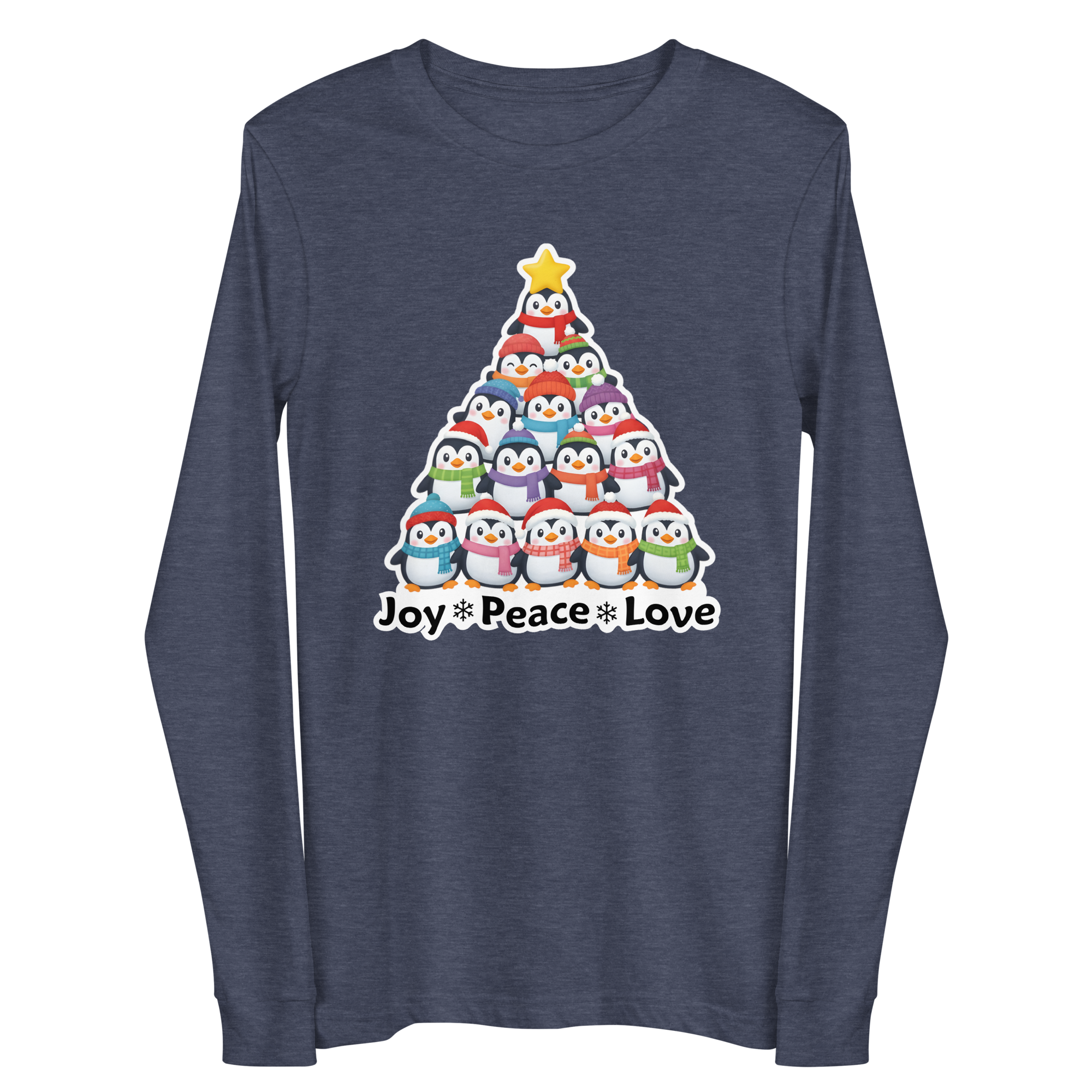 A gray long-sleeved t-shirt with a graphic design depicting a Christmas tree made up of various cartoon penguins in different colors and sizes.
