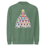 A green sweatshirt with a Christmas tree design made up of various cartoon penguins.