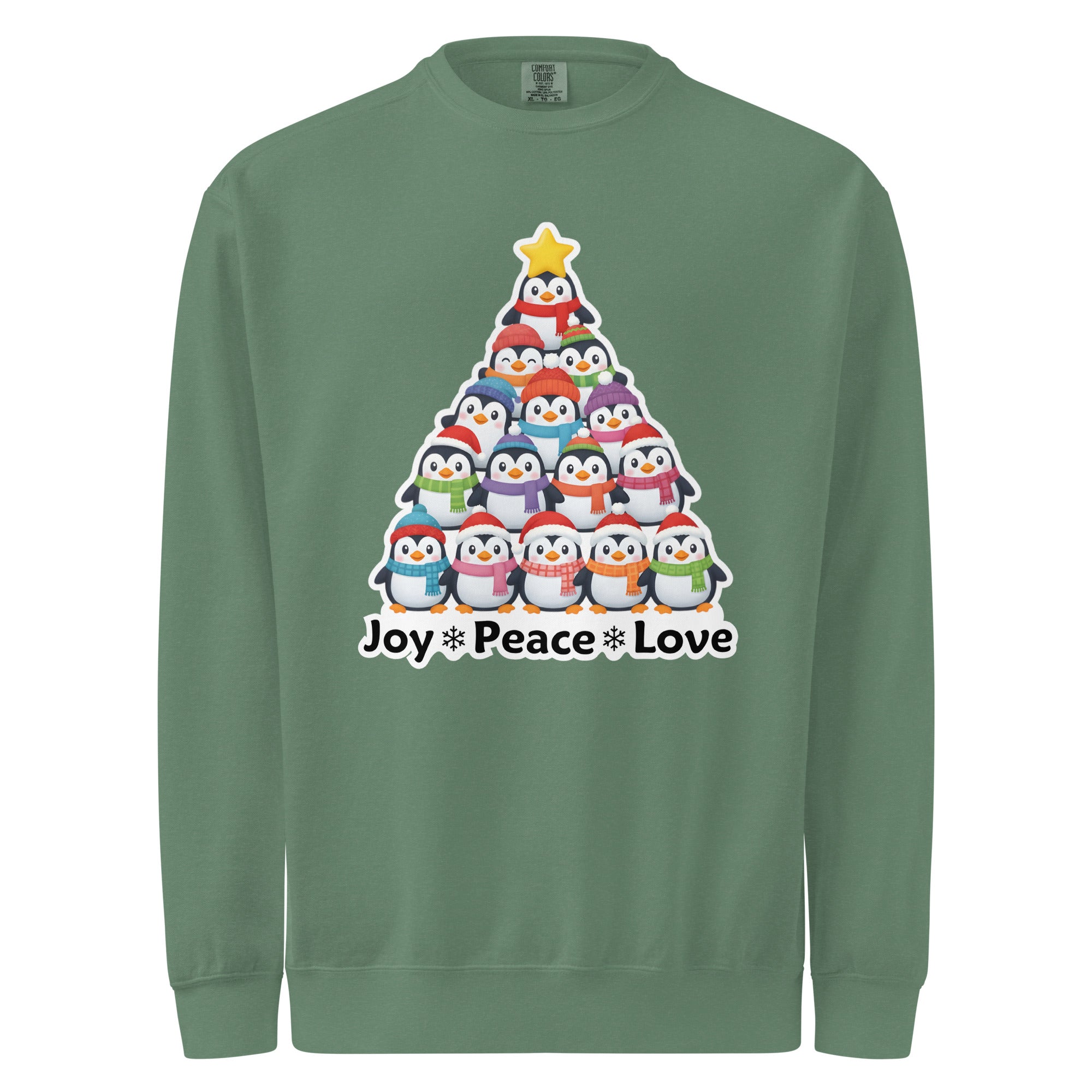 A green sweatshirt with a Christmas tree design made up of various cartoon penguins.