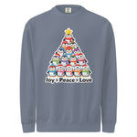 A gray sweatshirt with a graphic design depicting a Christmas tree made up of various cartoon penguins in different colors and sizes.