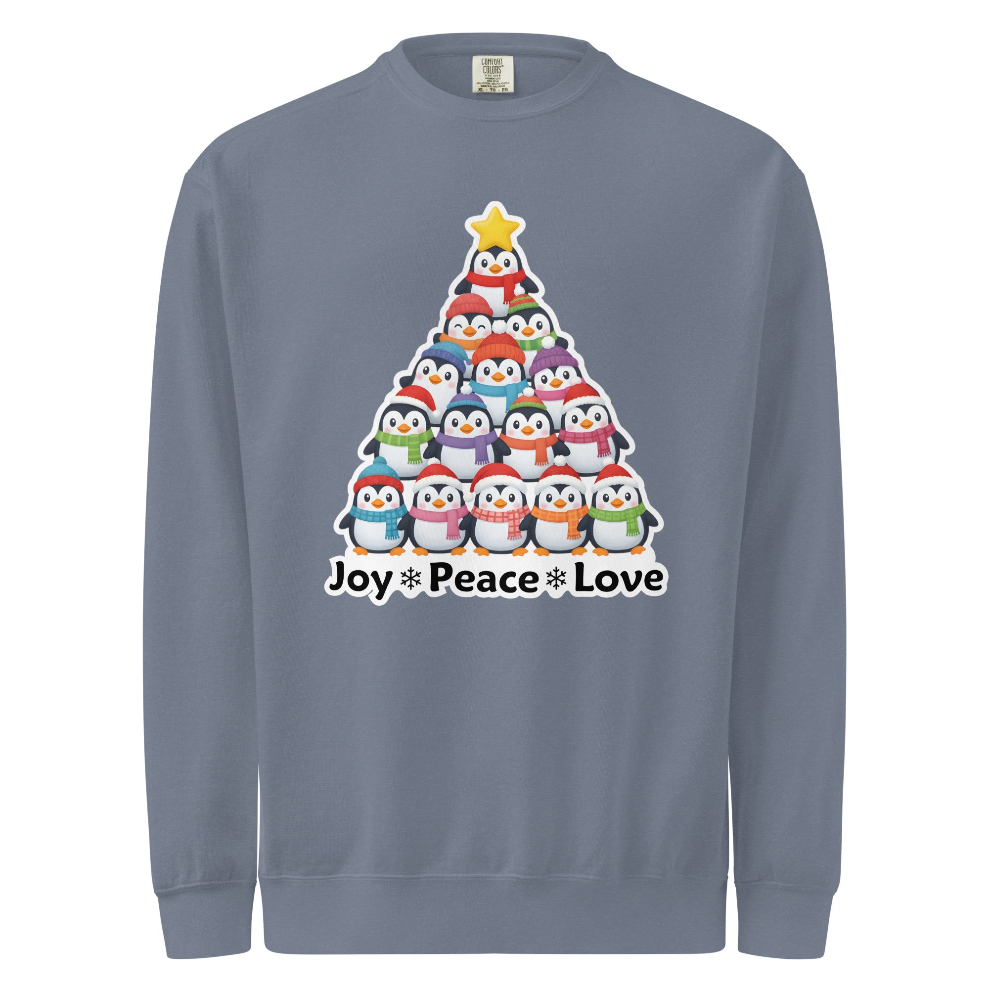 A gray sweatshirt with a graphic design depicting a Christmas tree made up of various cartoon penguins in different colors and sizes.