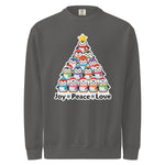 A gray sweatshirt with a Christmas tree design featuring a group of colorful penguins arranged in a pyramid shape.