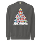 A gray sweatshirt with a Christmas tree design featuring a group of colorful penguins arranged in a pyramid shape.