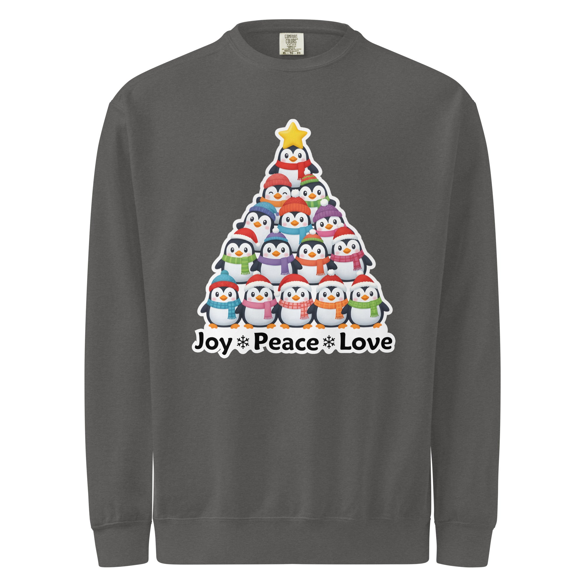 A gray sweatshirt with a Christmas tree design featuring a group of colorful penguins arranged in a pyramid shape.