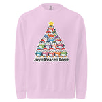 A pink sweatshirt with a Christmas tree design made up of various cartoon penguins.