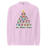 A pink sweatshirt with a Christmas tree design made up of various cartoon penguins.