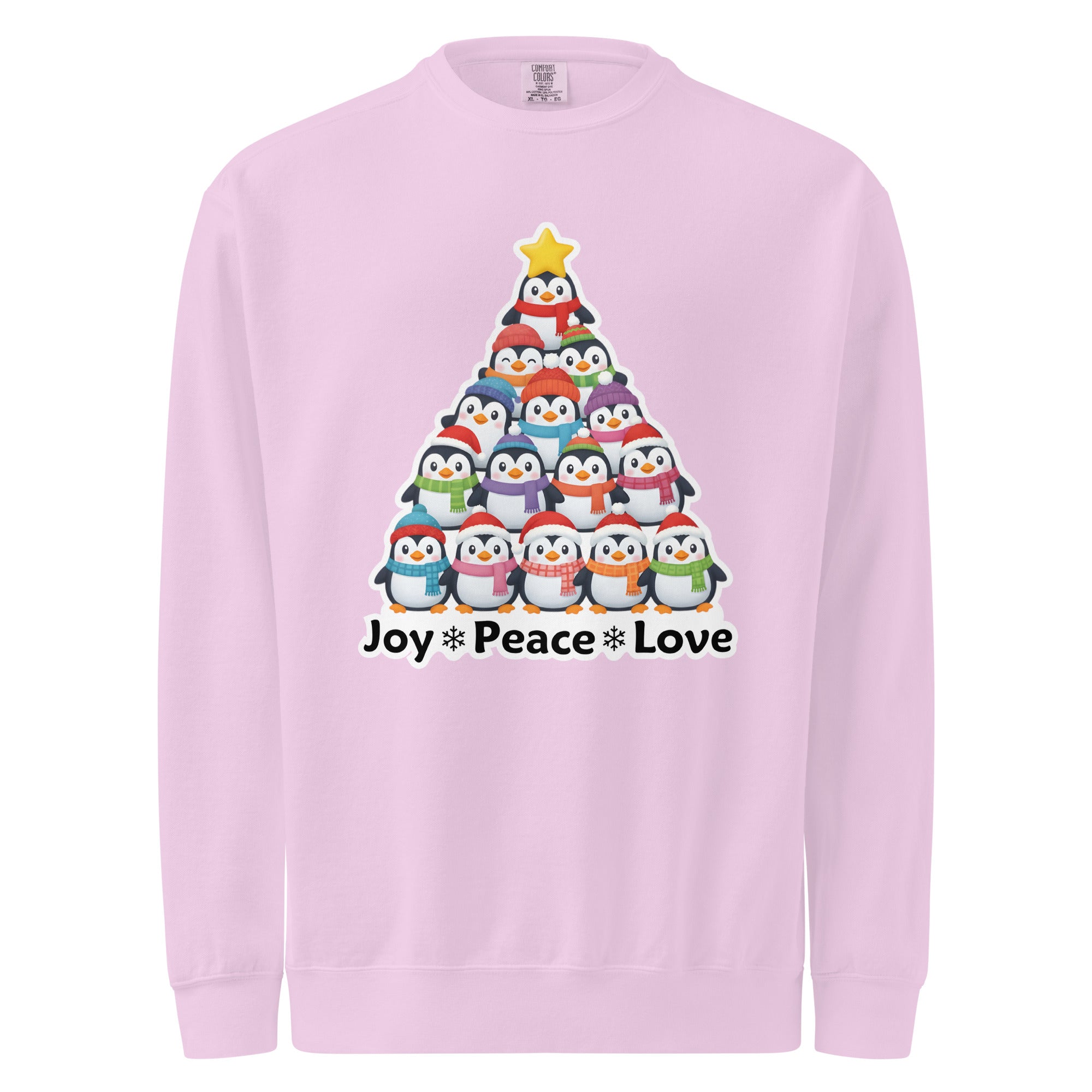 A pink sweatshirt with a Christmas tree design made up of various cartoon penguins.
