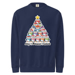 A navy blue sweatshirt with a Christmas tree design made up of various cartoon penguins.