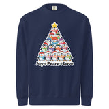 A navy blue sweatshirt with a Christmas tree design made up of various cartoon penguins.