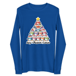 A blue long-sleeved t-shirt with a Christmas tree design featuring a group of penguins.