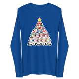 A blue long-sleeved t-shirt with a Christmas tree design featuring a group of penguins.