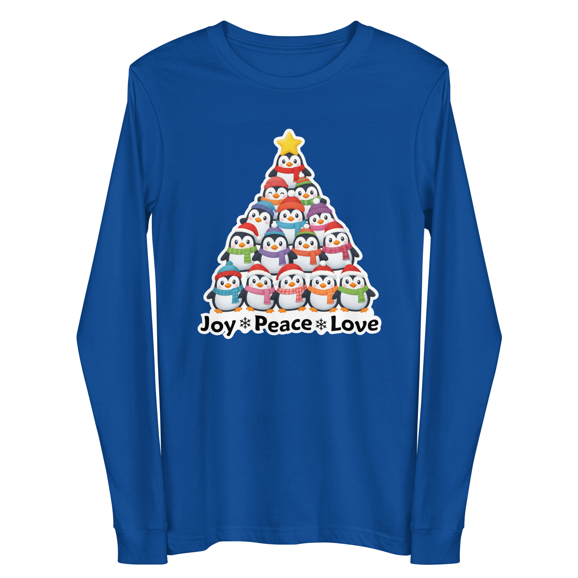 A blue long-sleeved t-shirt with a Christmas tree design featuring a group of penguins.