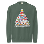A green sweatshirt with a Christmas tree design made up of various cartoon penguins.