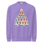 A purple sweater with a Christmas tree design made up of various cartoon penguins.