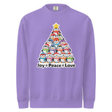 A purple sweater with a Christmas tree design made up of various cartoon penguins.