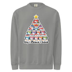 A gray sweatshirt with a Christmas tree design featuring a group of colorful penguins.