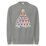 A gray sweatshirt with a Christmas tree design featuring a group of colorful penguins.