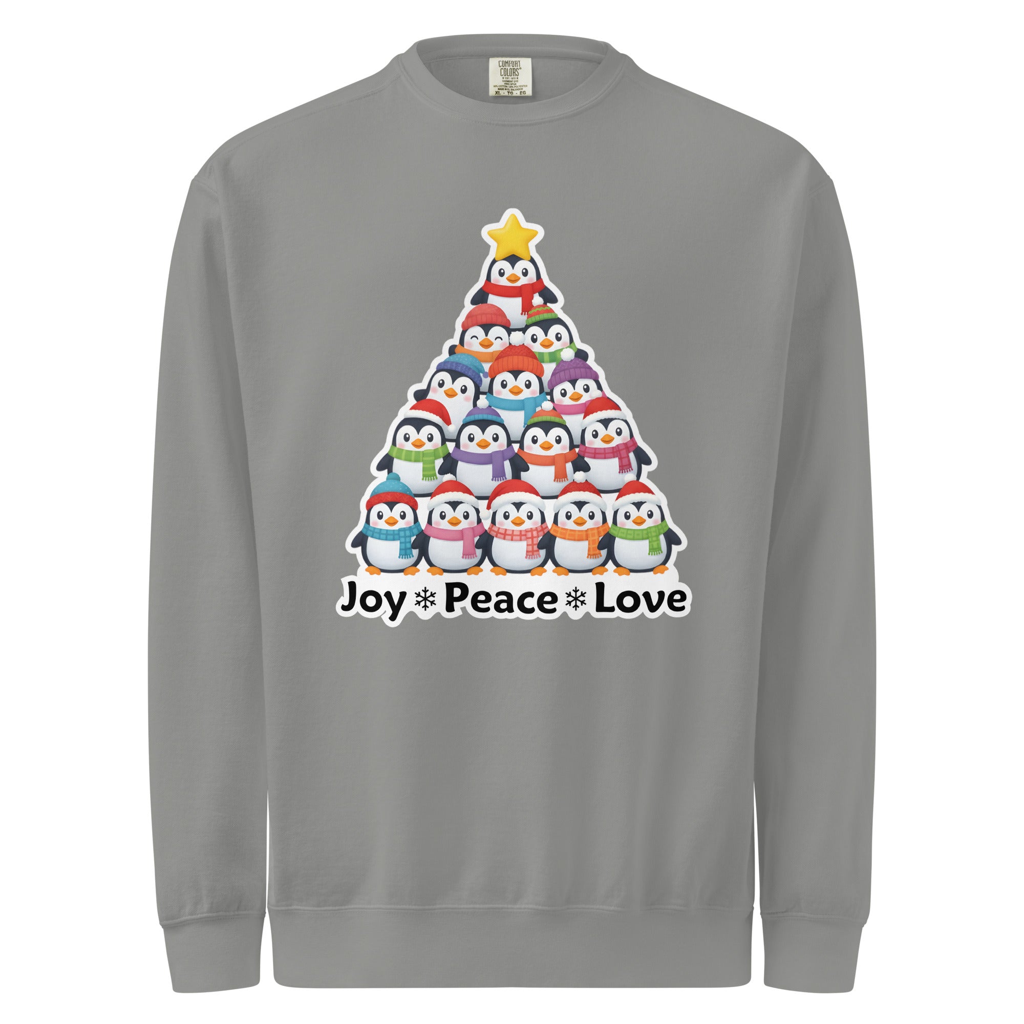A gray sweatshirt with a Christmas tree design featuring a group of colorful penguins.