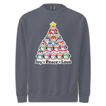 A gray sweatshirt with a graphic design depicting a Christmas tree made up of various cartoon penguins in different colors and sizes.
