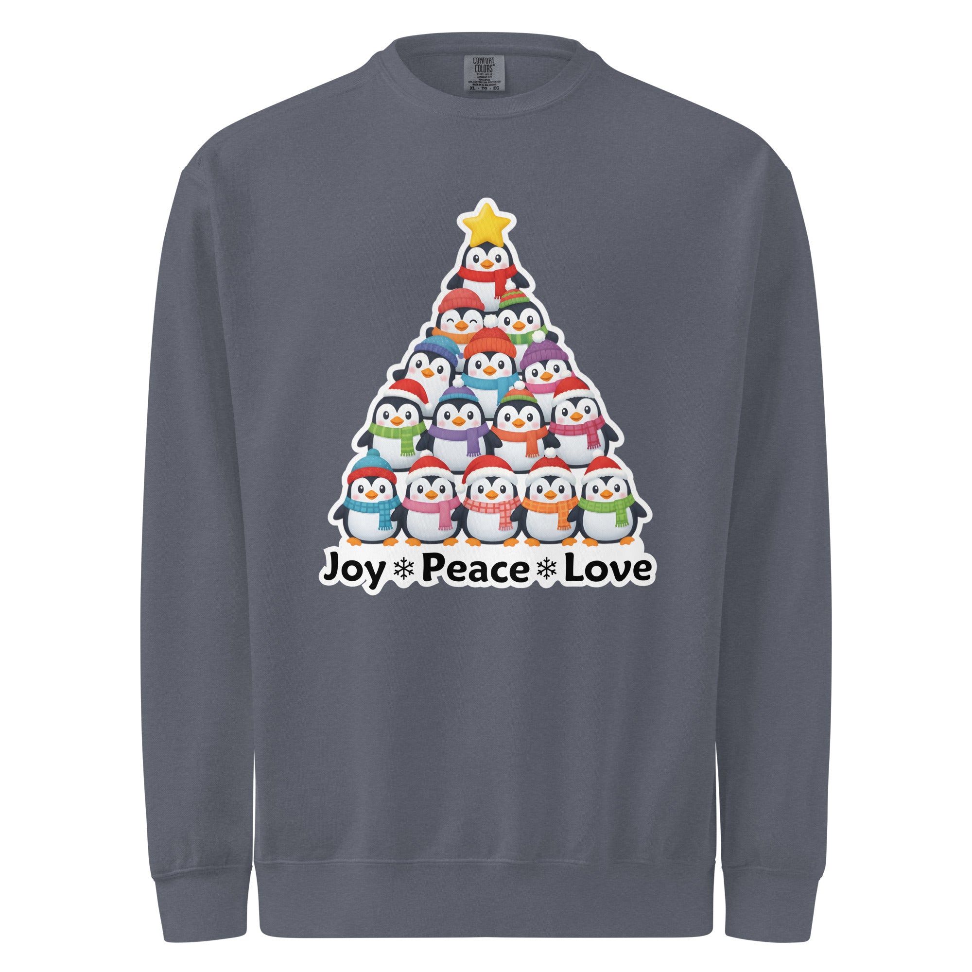 A gray sweatshirt with a graphic design depicting a Christmas tree made up of various cartoon penguins in different colors and sizes.