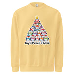 A yellow sweater with a Christmas tree design made up of multiple small penguins.
