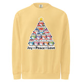 A yellow sweater with a Christmas tree design made up of multiple small penguins.