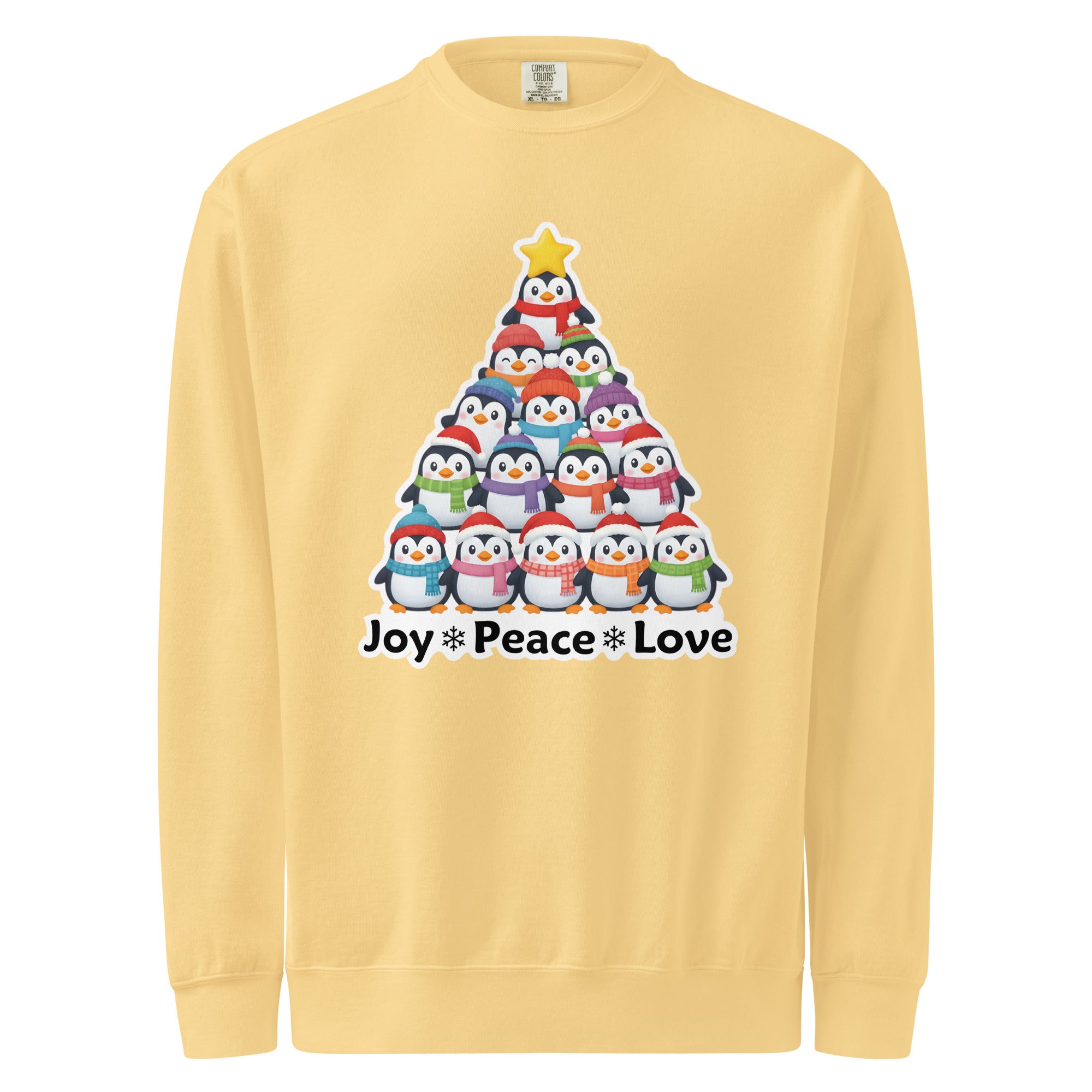 A yellow sweater with a Christmas tree design made up of multiple small penguins.