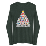 A long-sleeved green t-shirt with a Christmas tree graphic and the text "Joy Peace Love" printed on it.