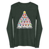 A long-sleeved green t-shirt with a Christmas tree graphic and the text "Joy Peace Love" printed on it.