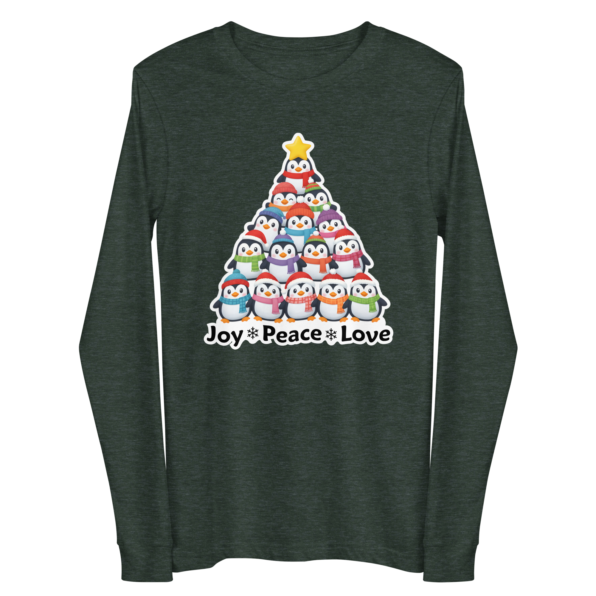 A long-sleeved green t-shirt with a Christmas tree graphic and the text "Joy Peace Love" printed on it.