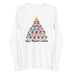 A white long-sleeved t-shirt with a graphic design depicting a Christmas tree made up of various colored penguins.