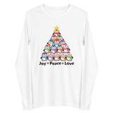 A white long-sleeved t-shirt with a graphic design depicting a Christmas tree made up of various colored penguins.