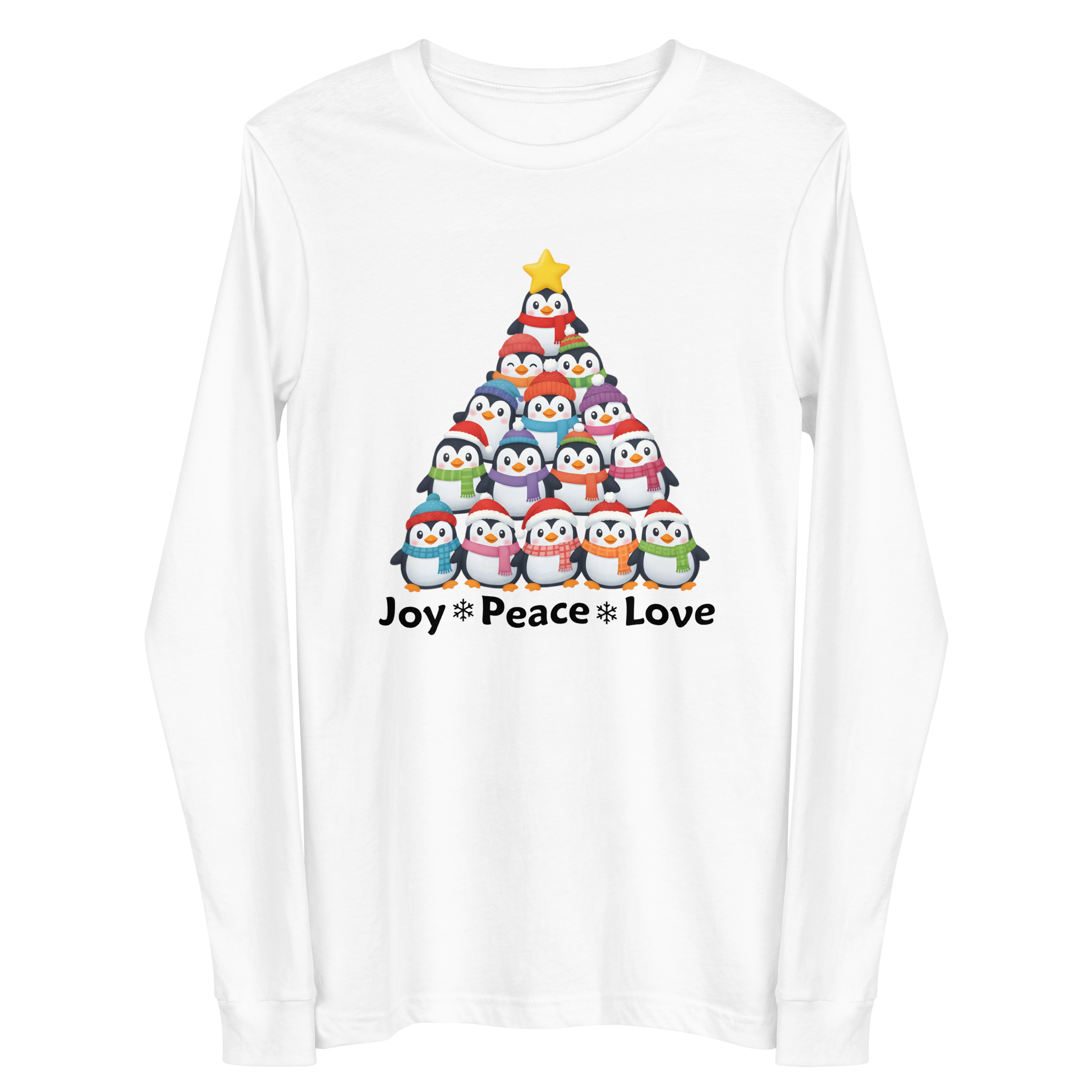 A white long-sleeved t-shirt with a graphic design depicting a Christmas tree made up of various colored penguins.